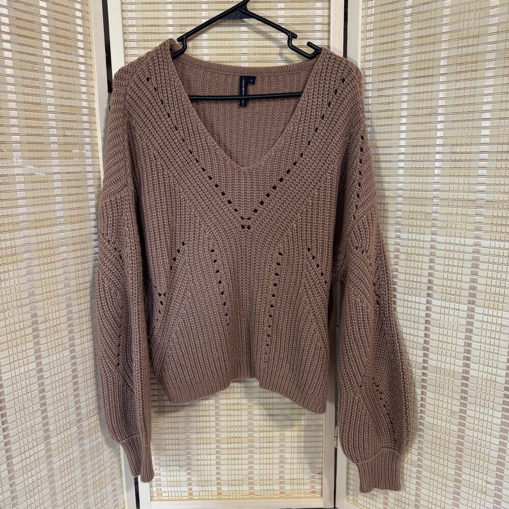 Moon & Madison Sweater Women's Size Large Brown Cropped Knit V-Neck